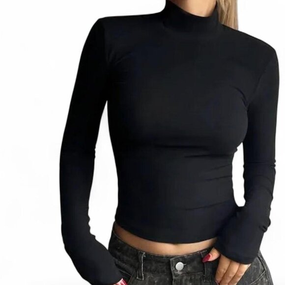 NWOT Forever 21 Black Fitted Turtleneck Top - Picture 1 of 4